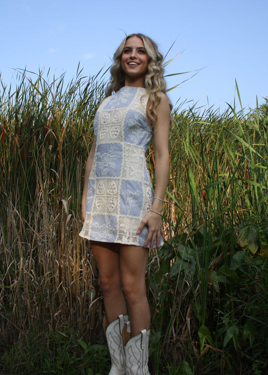 Seaside Crochet Stripe Dress - Navy Blue Stripe