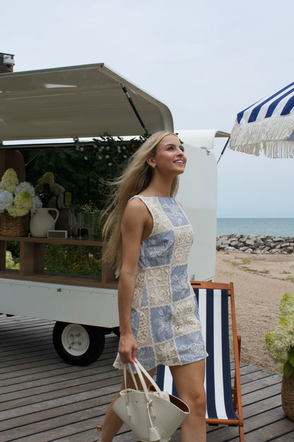 Seaside Crochet Stripe Dress - Navy Blue Stripe