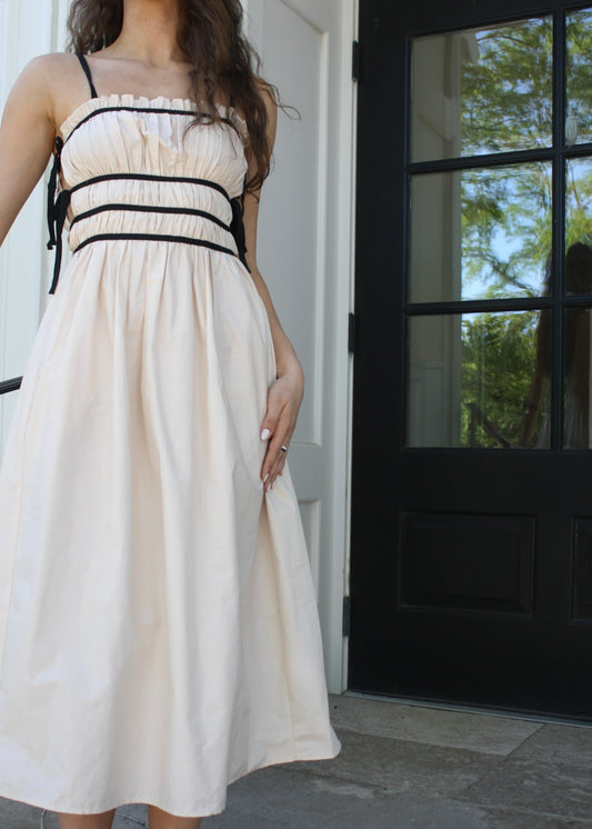 Bonjour Beige & Black Midi Dress - Beige