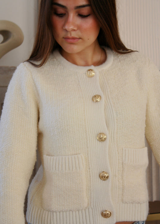 Long Sleeve Cream Cardigan with gold buttons