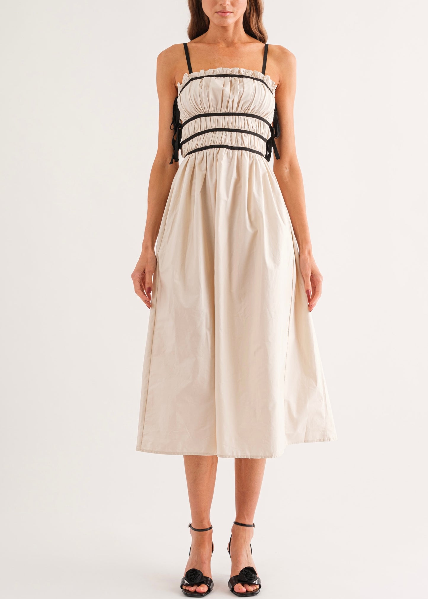Bonjour Beige & Black Midi Dress - Beige