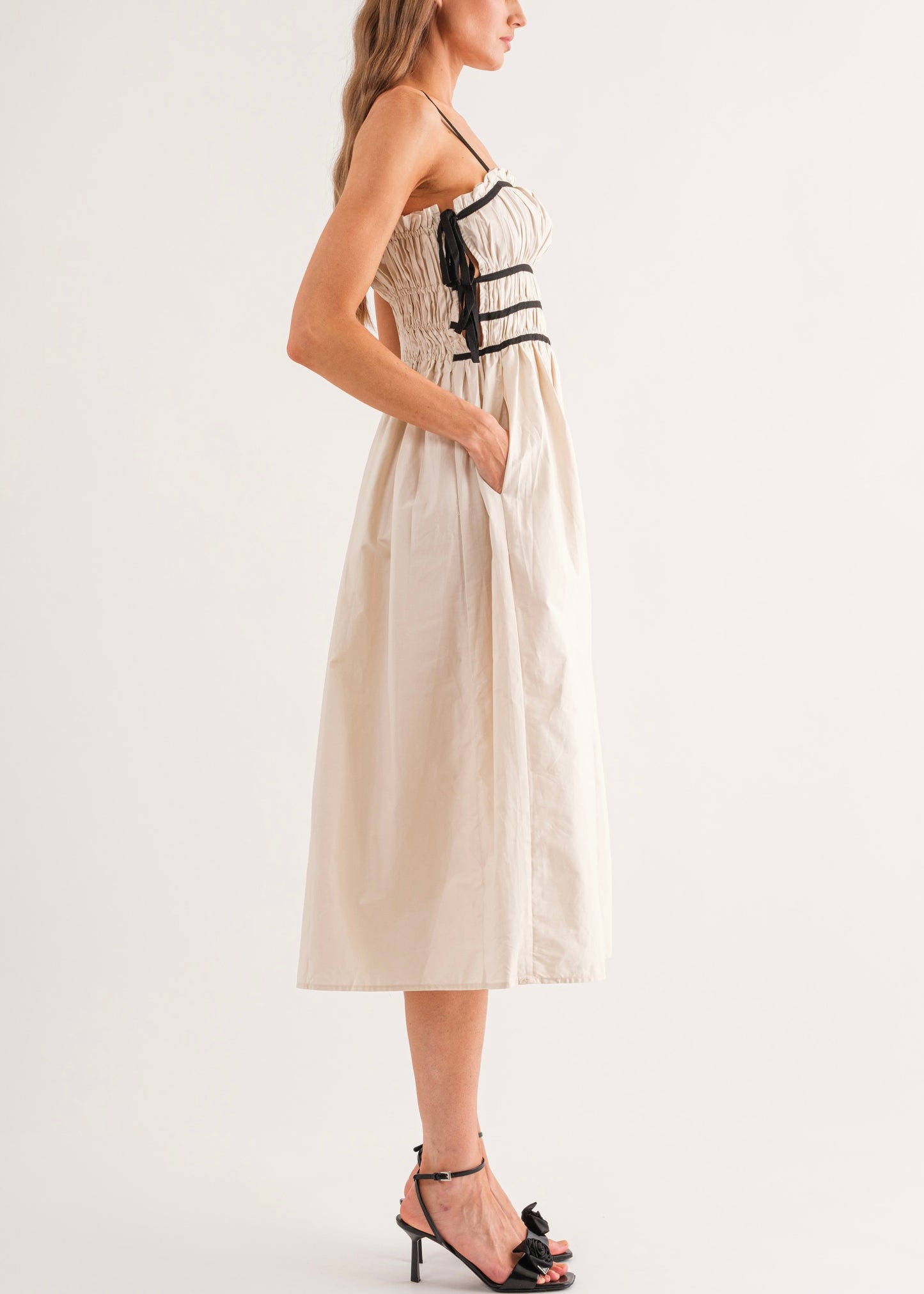 Bonjour Beige & Black Midi Dress - Beige