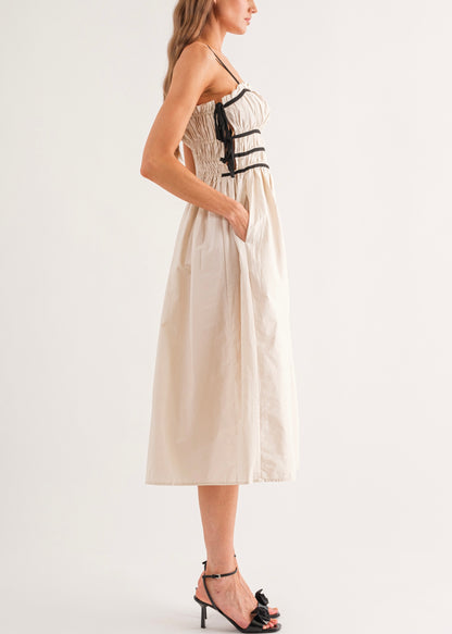 Bonjour Beige & Black Midi Dress - Beige