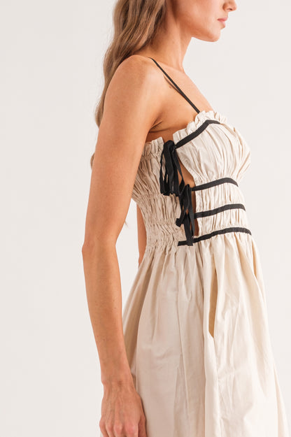 Bonjour Beige & Black Midi Dress - Beige